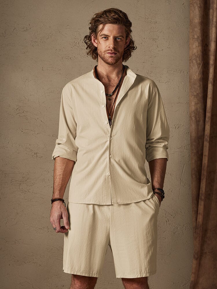Casual Solid Color Cotton Linen Beach Shirt Set - Image 4