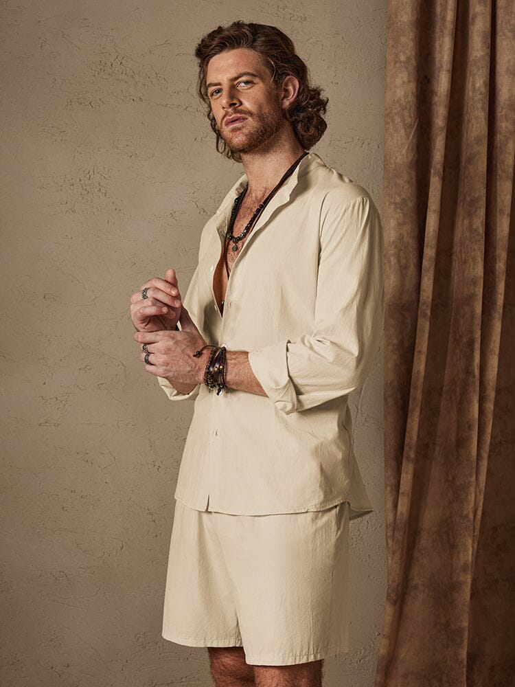 Casual Solid Color Cotton Linen Beach Shirt Set - Image 5