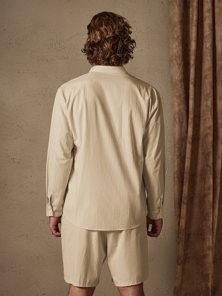 Casual Solid Color Cotton Linen Beach Shirt Set - Image 6
