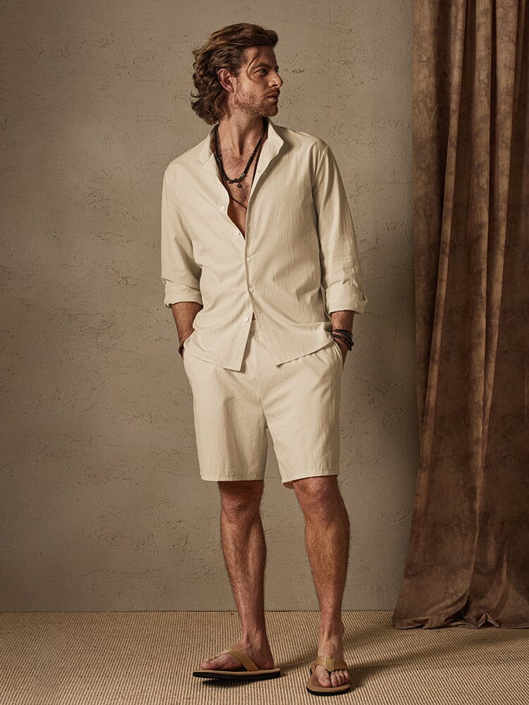 Casual Solid Color Cotton Linen Beach Shirt Set - Image 7