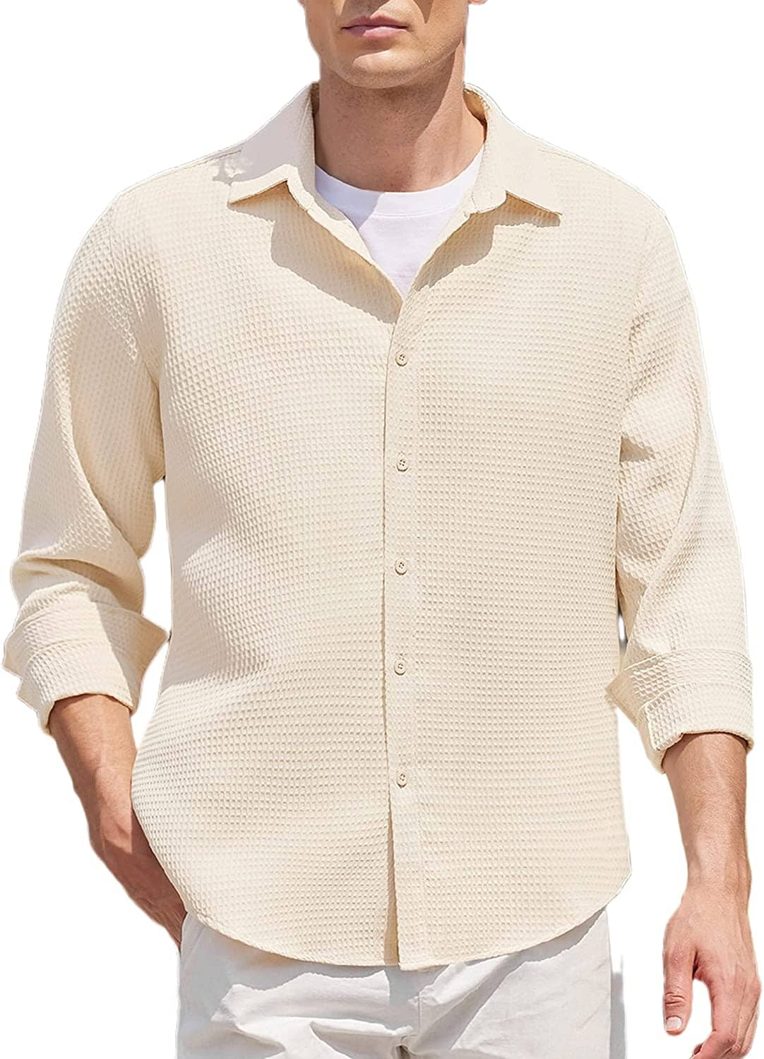 Casual Waffle Button Down Wrinkle Free Shirt (US Only) - Image 2
