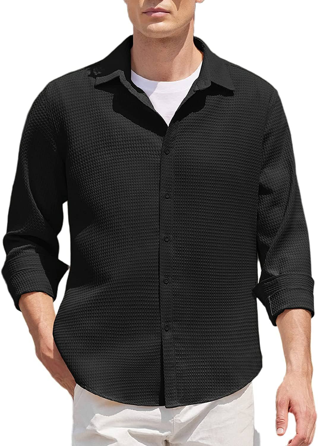 Casual Waffle Button Down Wrinkle Free Shirt (US Only) - Image 3