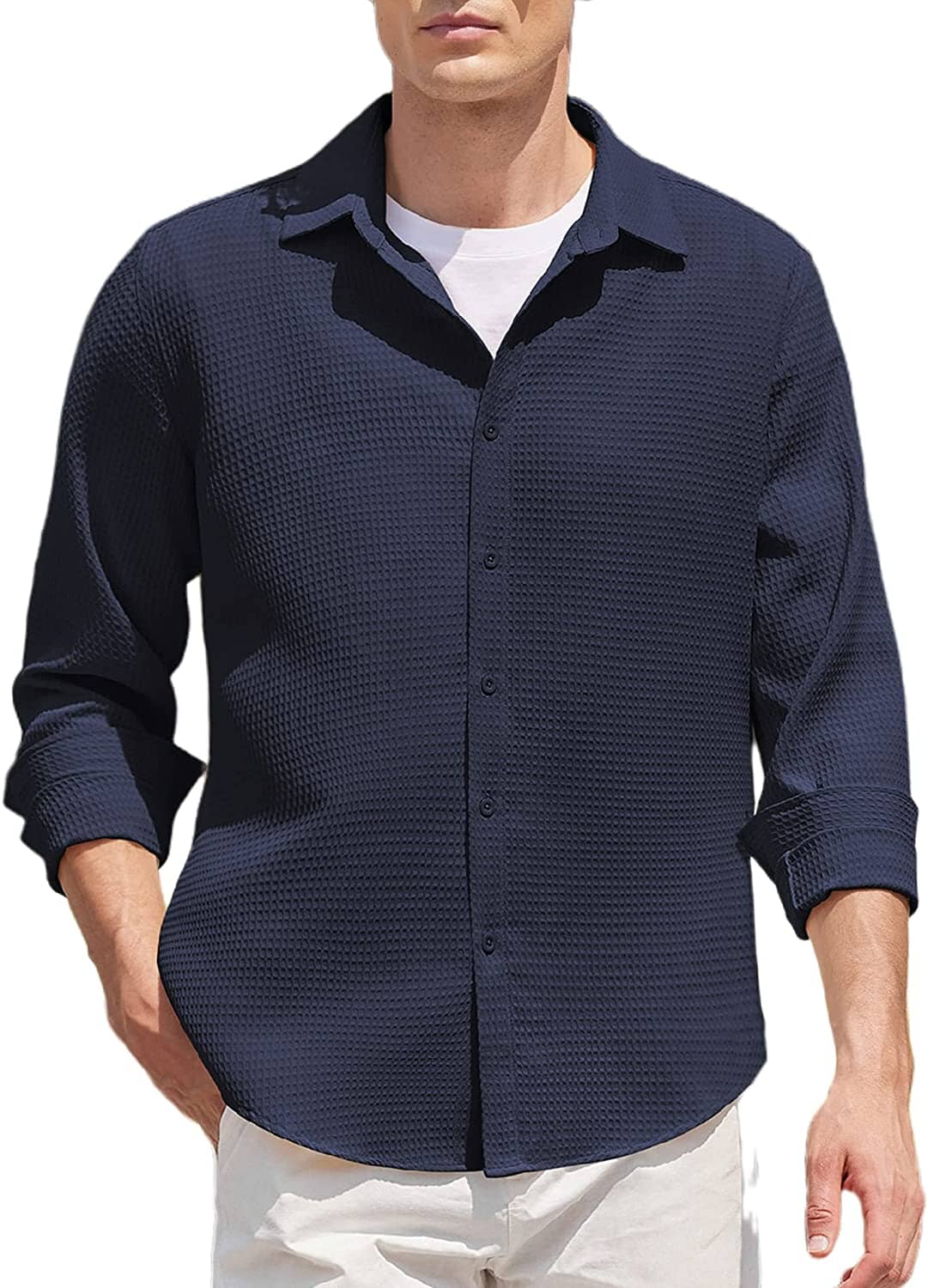 Casual Waffle Button Down Wrinkle Free Shirt (US Only) - Image 4