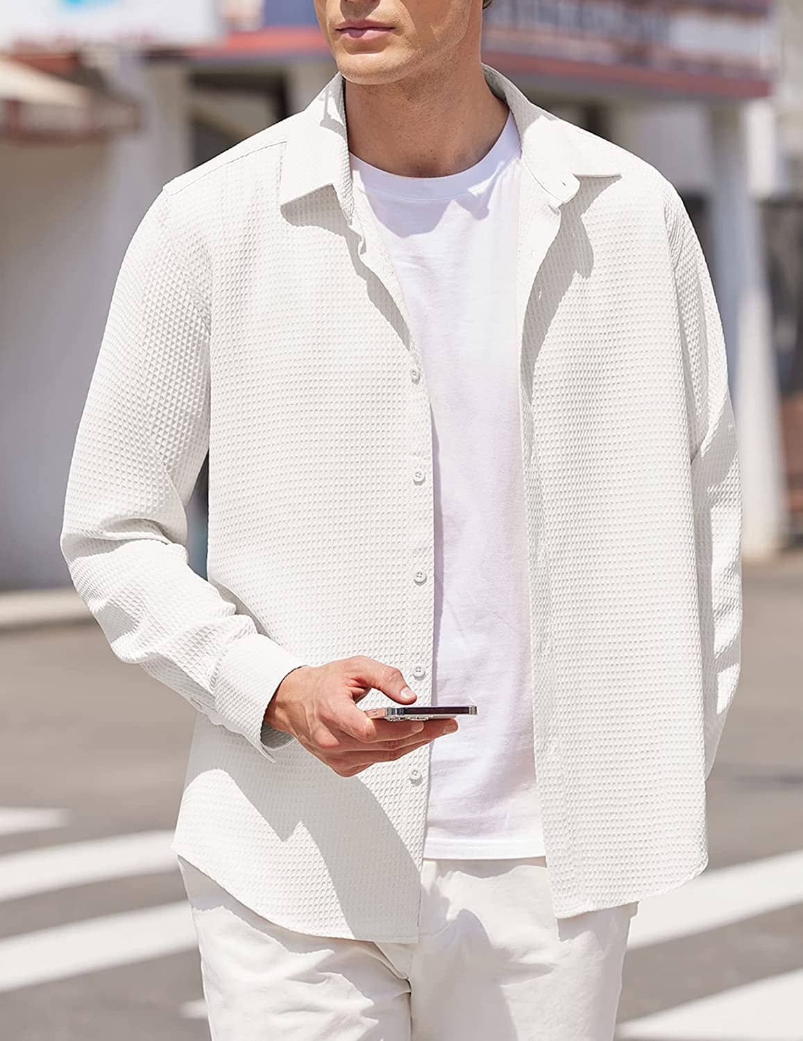 Casual Waffle Button Down Wrinkle Free Shirt (US Only) - Image 6