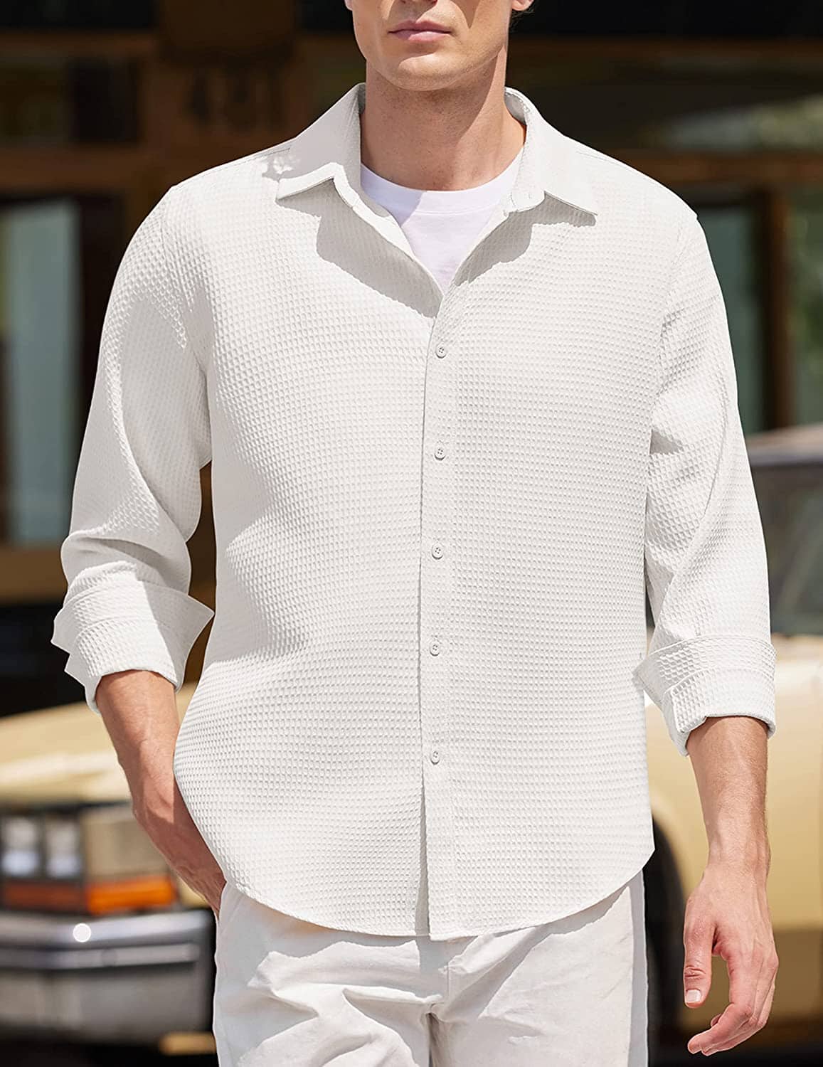 Casual Waffle Button Down Wrinkle Free Shirt (US Only) - Image 7