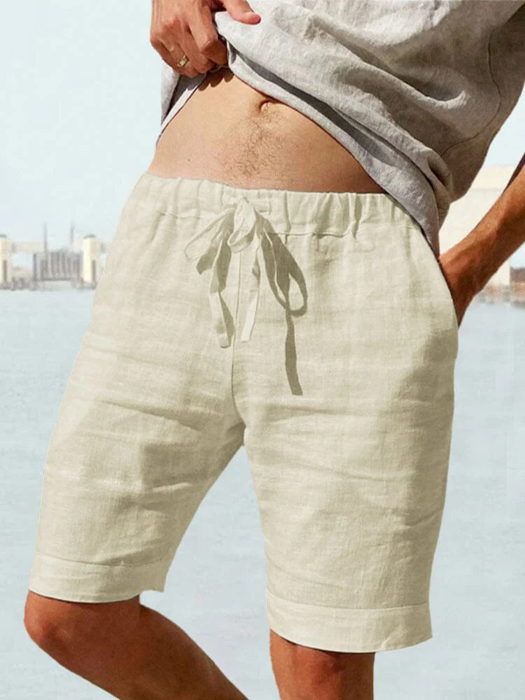 Cotton Linen Drawstring Casual Shorts - Image 3