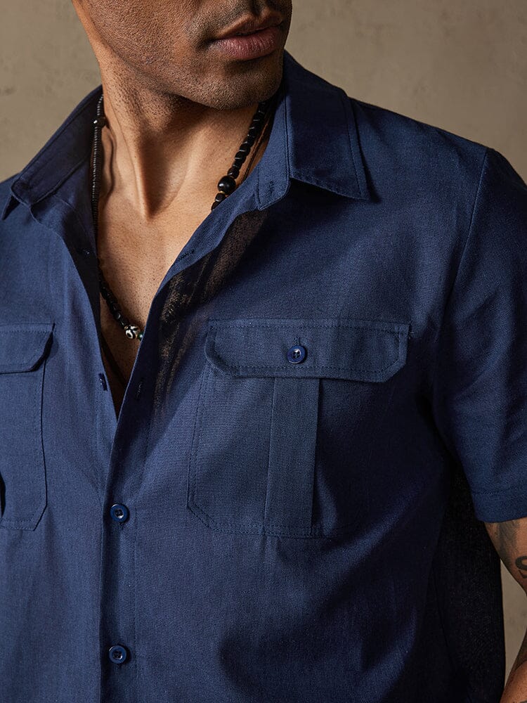 Cotton Linen Solid Color Double Pockets Shirt - Image 12