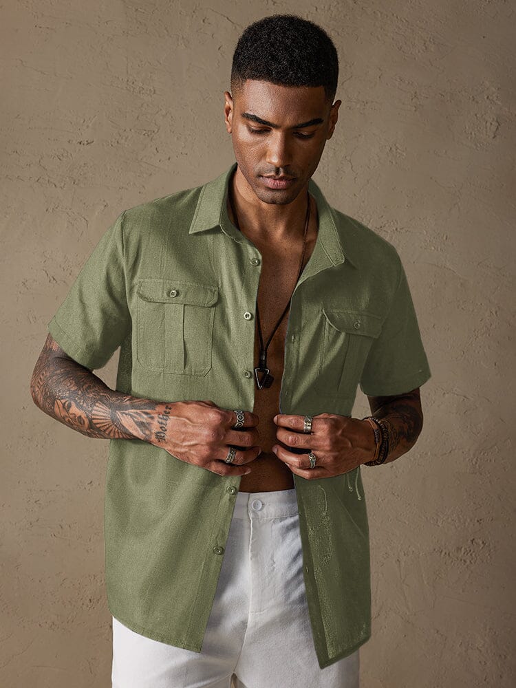 Cotton Linen Solid Color Double Pockets Shirt - Image 2
