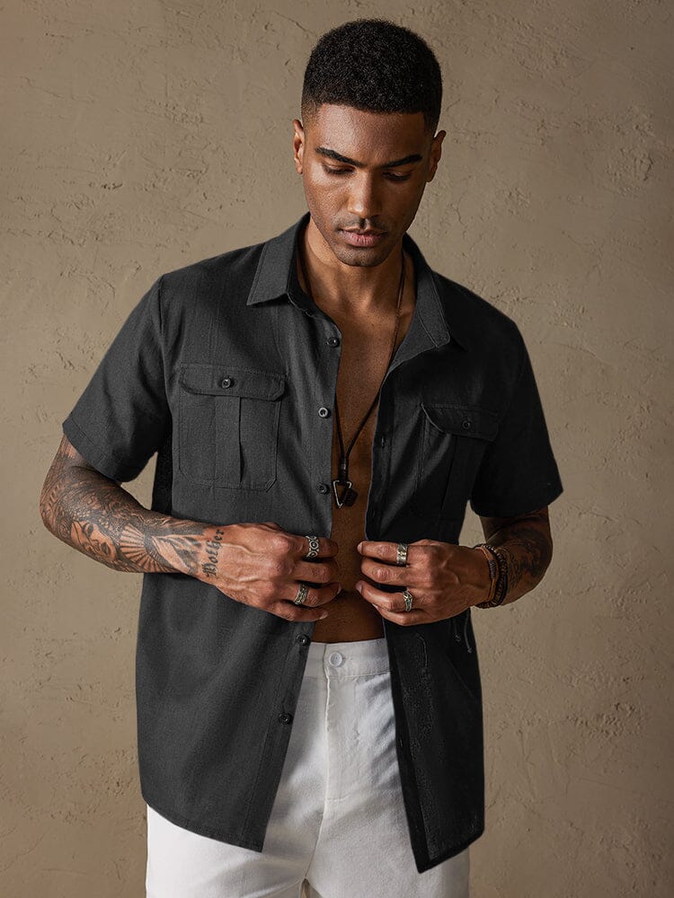 Cotton Linen Solid Color Double Pockets Shirt - Image 3