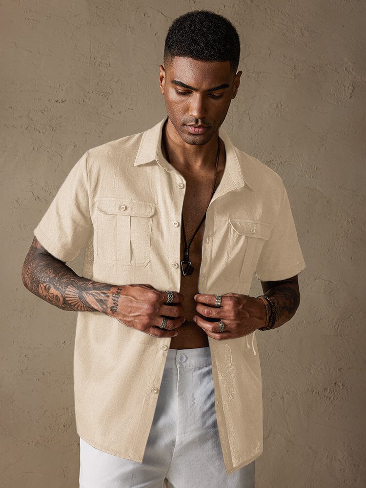 Cotton Linen Solid Color Double Pockets Shirt - Image 5
