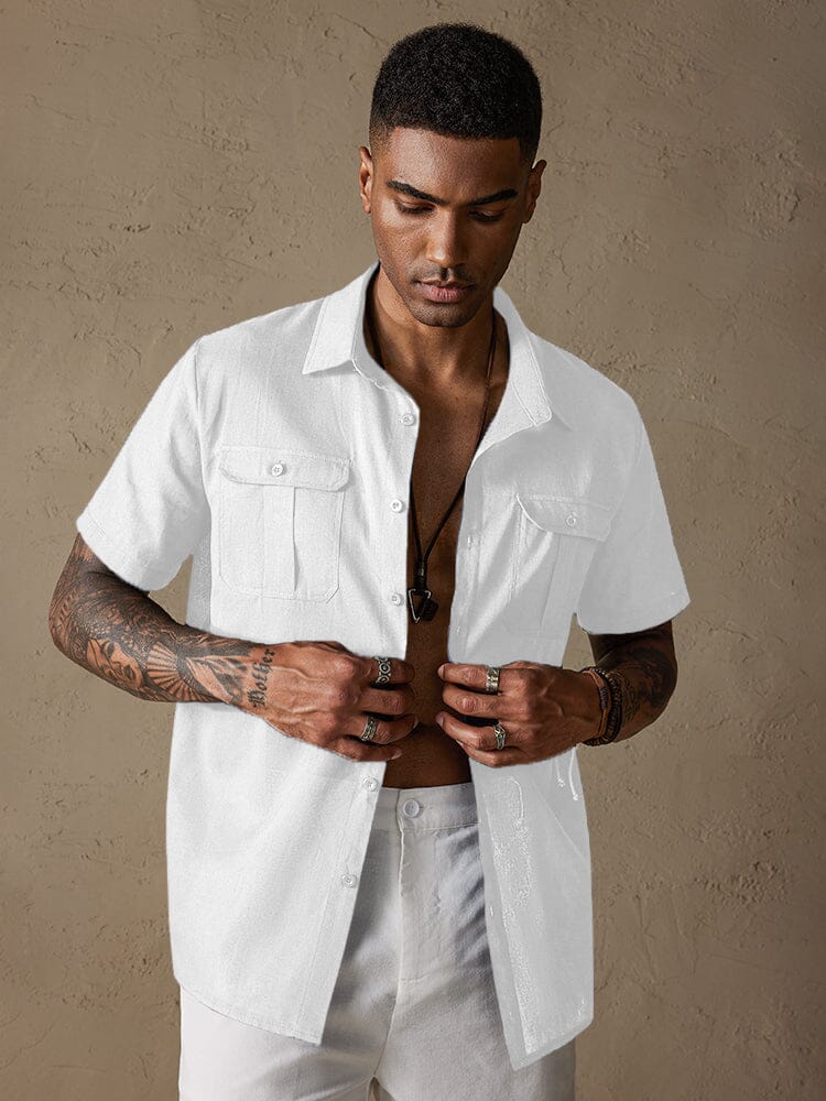 Cotton Linen Solid Color Double Pockets Shirt - Image 7