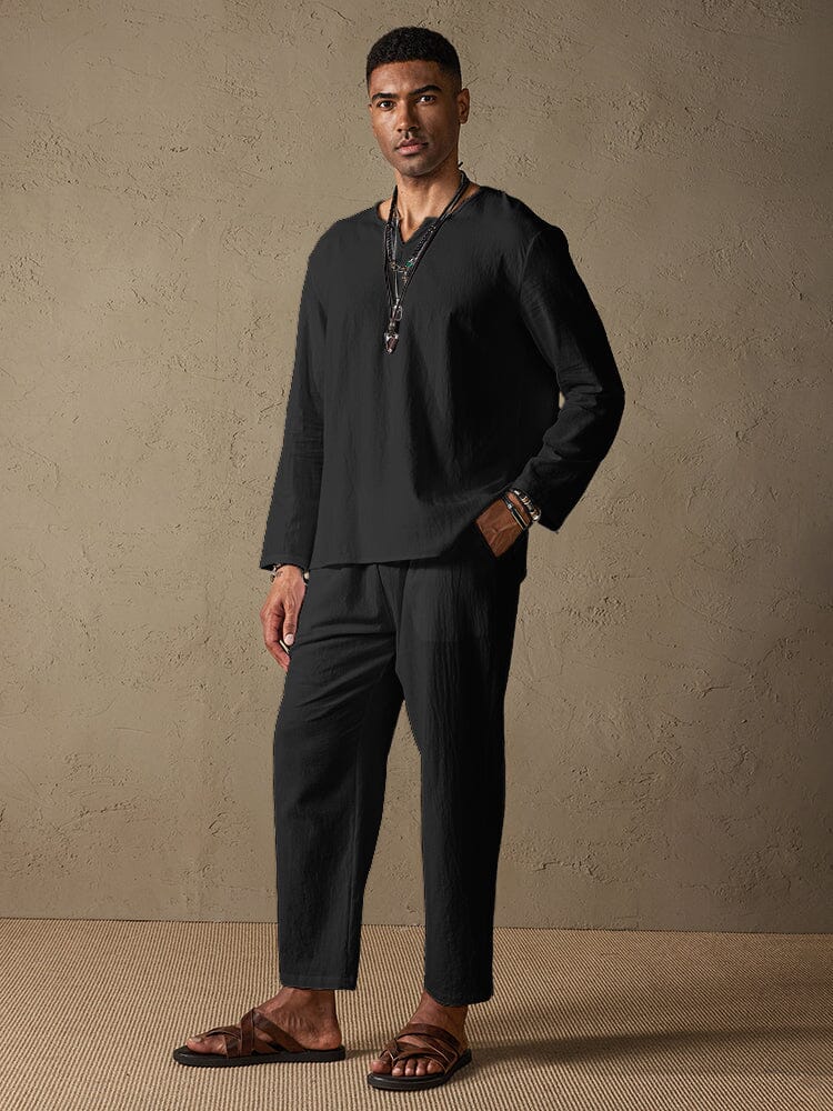 Cozy Solid Cotton and Linen Shirt Set - Image 2