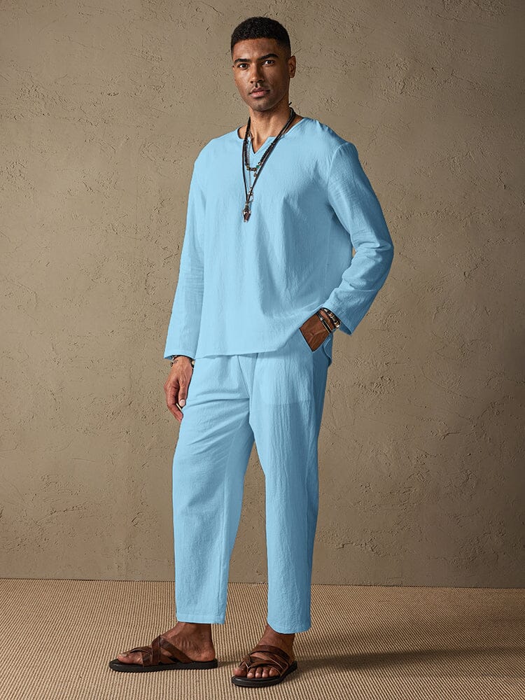 Cozy Solid Cotton and Linen Shirt Set - Image 3