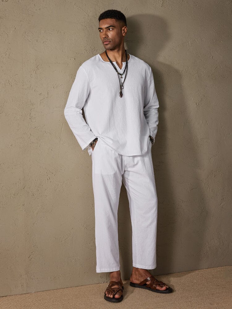 Cozy Solid Cotton and Linen Shirt Set - Image 4
