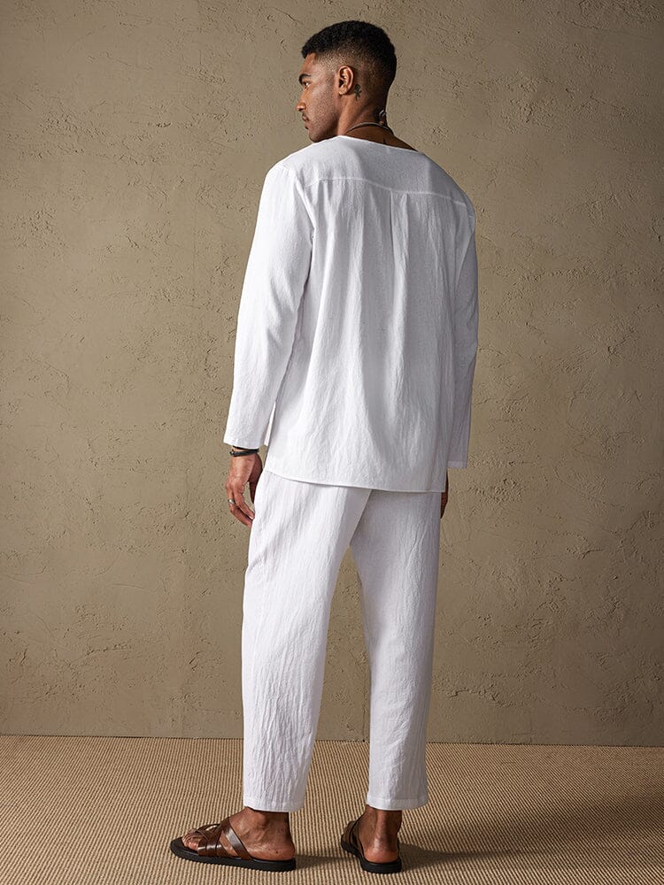 Cozy Solid Cotton and Linen Shirt Set - Image 5