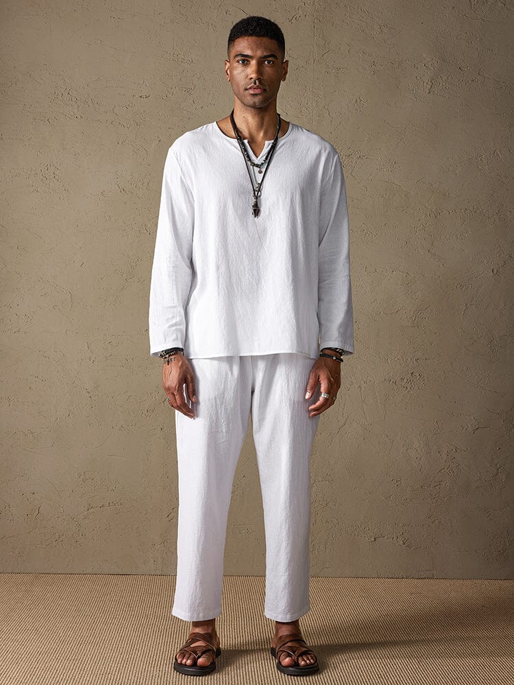 Cozy Solid Cotton and Linen Shirt Set - Image 7