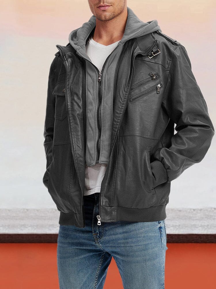 Leather PU Jacket with Removable Hat - Image 2