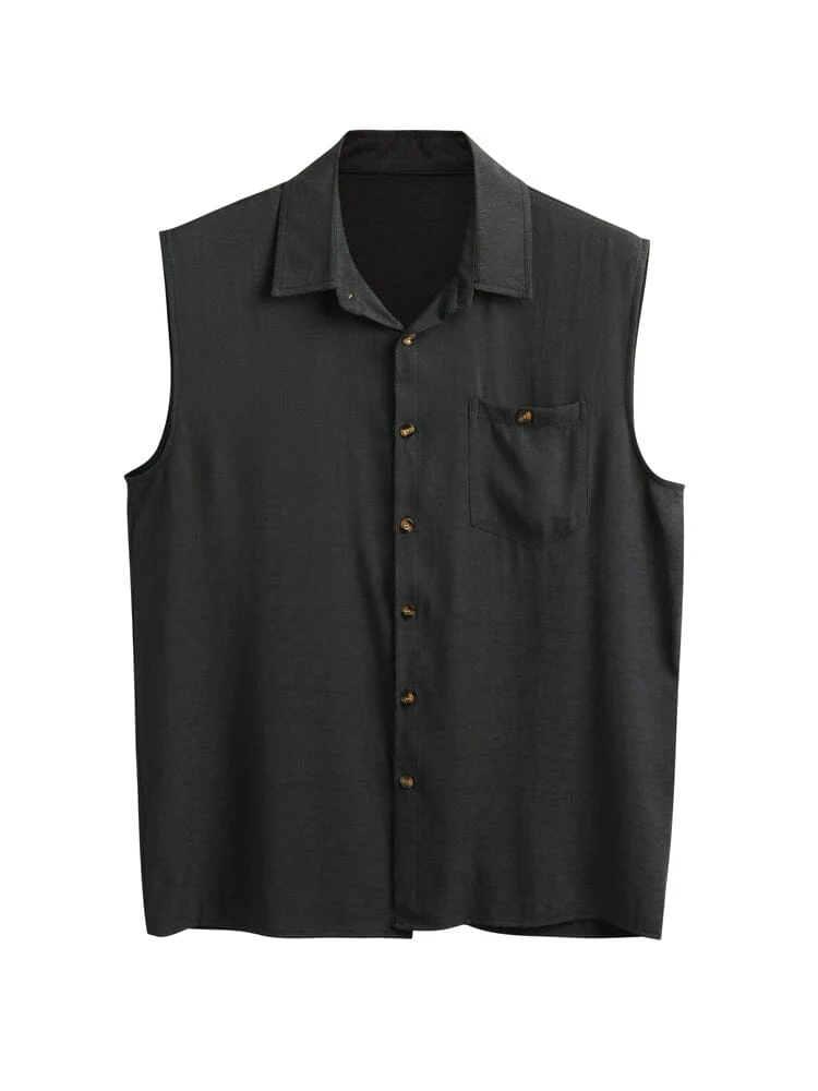 Solid Button Sleeveless Cotton Linen Casual Shirt - Image 10