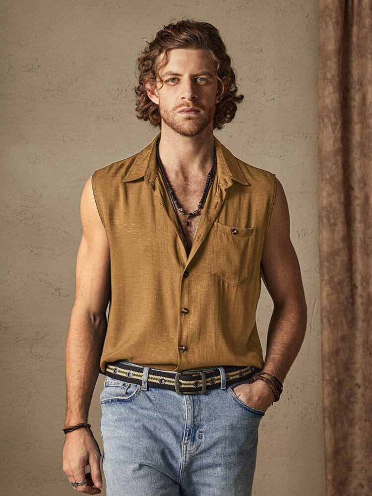 Solid Button Sleeveless Cotton Linen Casual Shirt - Image 2