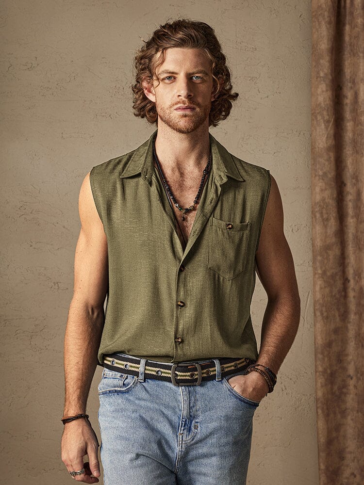 Solid Button Sleeveless Cotton Linen Casual Shirt - Image 4