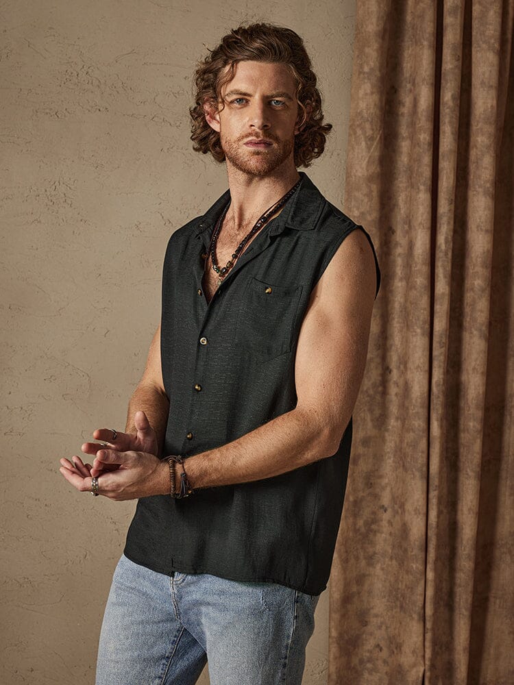 Solid Button Sleeveless Cotton Linen Casual Shirt - Image 5