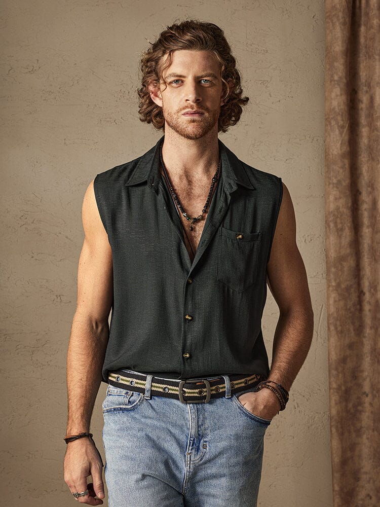 Solid Button Sleeveless Cotton Linen Casual Shirt - Image 6