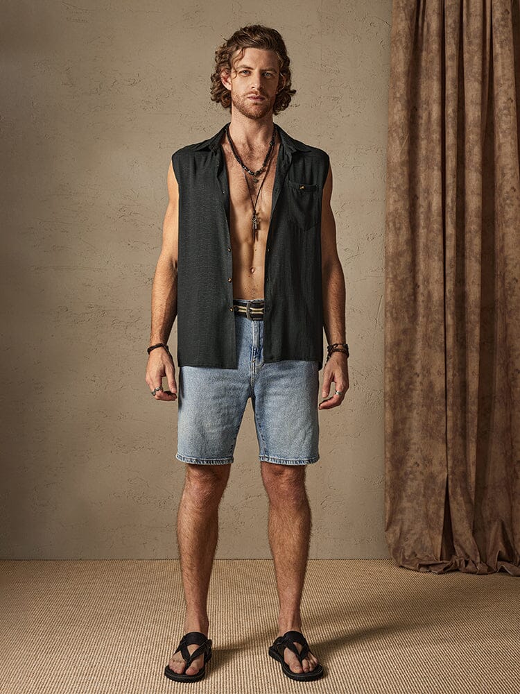 Solid Button Sleeveless Cotton Linen Casual Shirt - Image 8