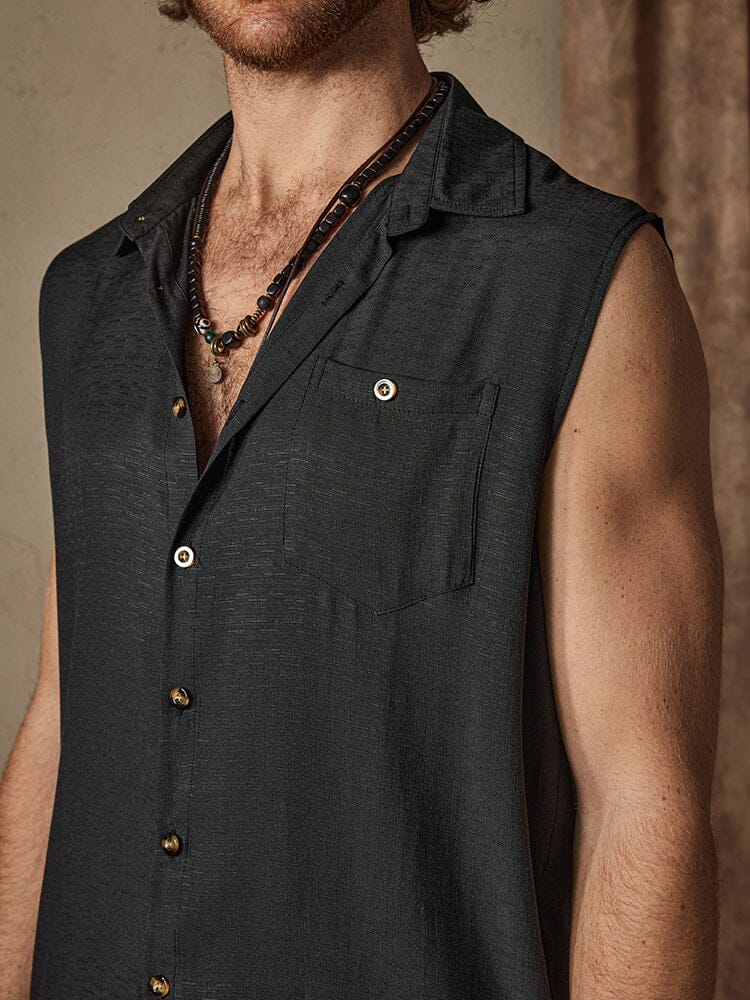 Solid Button Sleeveless Cotton Linen Casual Shirt - Image 9