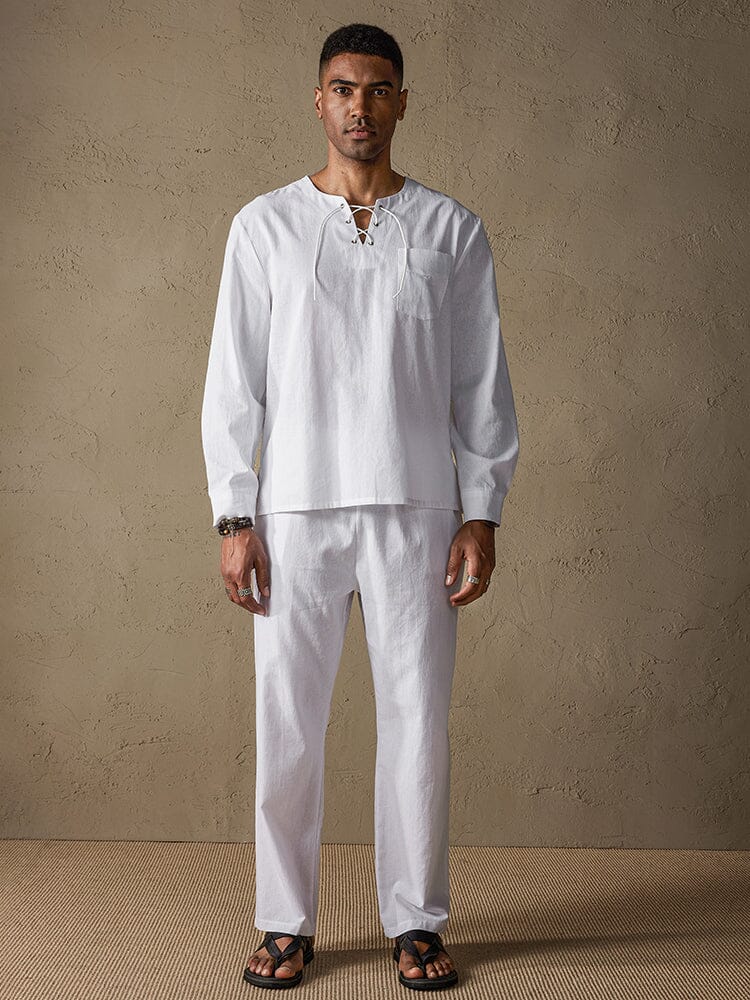 Solid Color Long Sleeve Casual Cotton Linen Set - Image 2