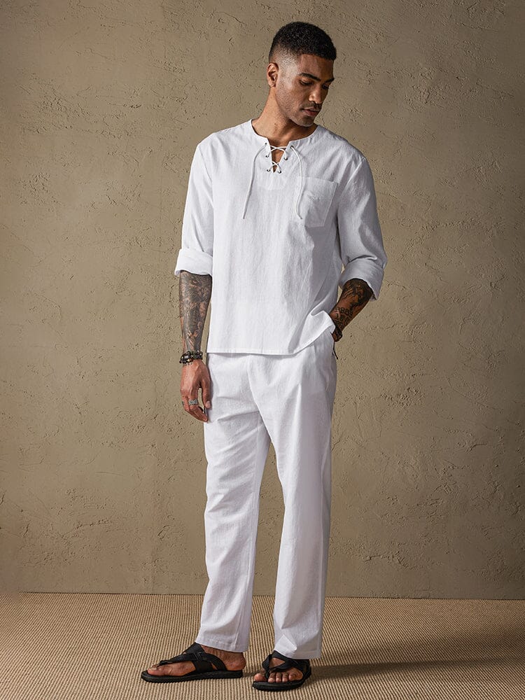 Solid Color Long Sleeve Casual Cotton Linen Set - Image 3