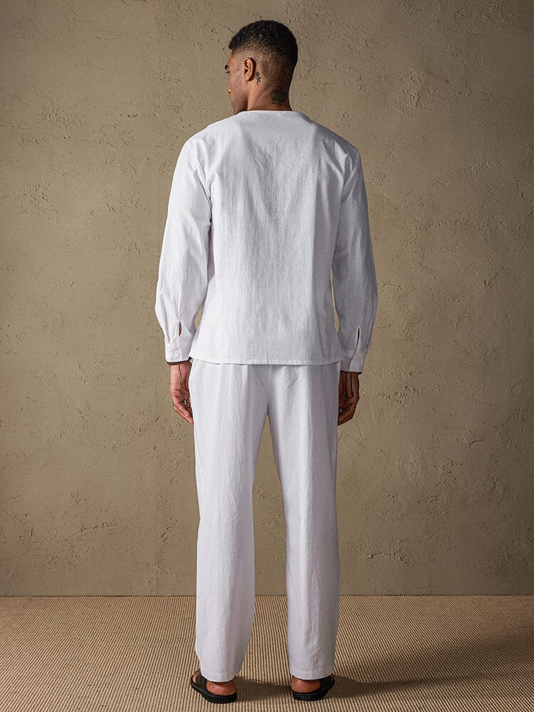 Solid Color Long Sleeve Casual Cotton Linen Set - Image 4