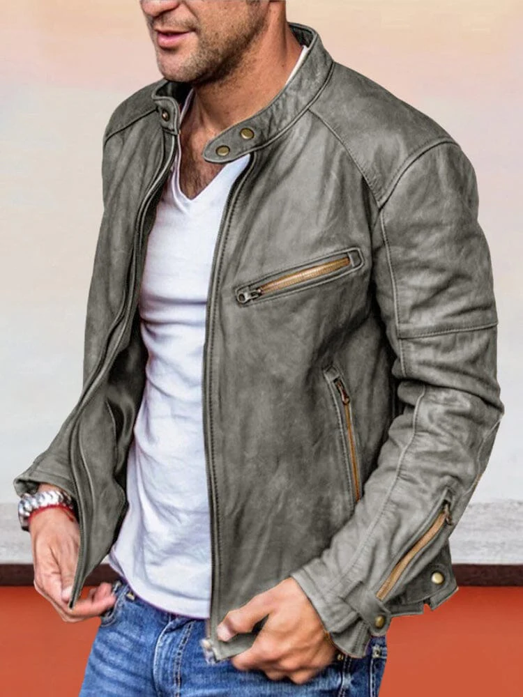 Solid Color Zipper PU Leather Jacket - Image 3