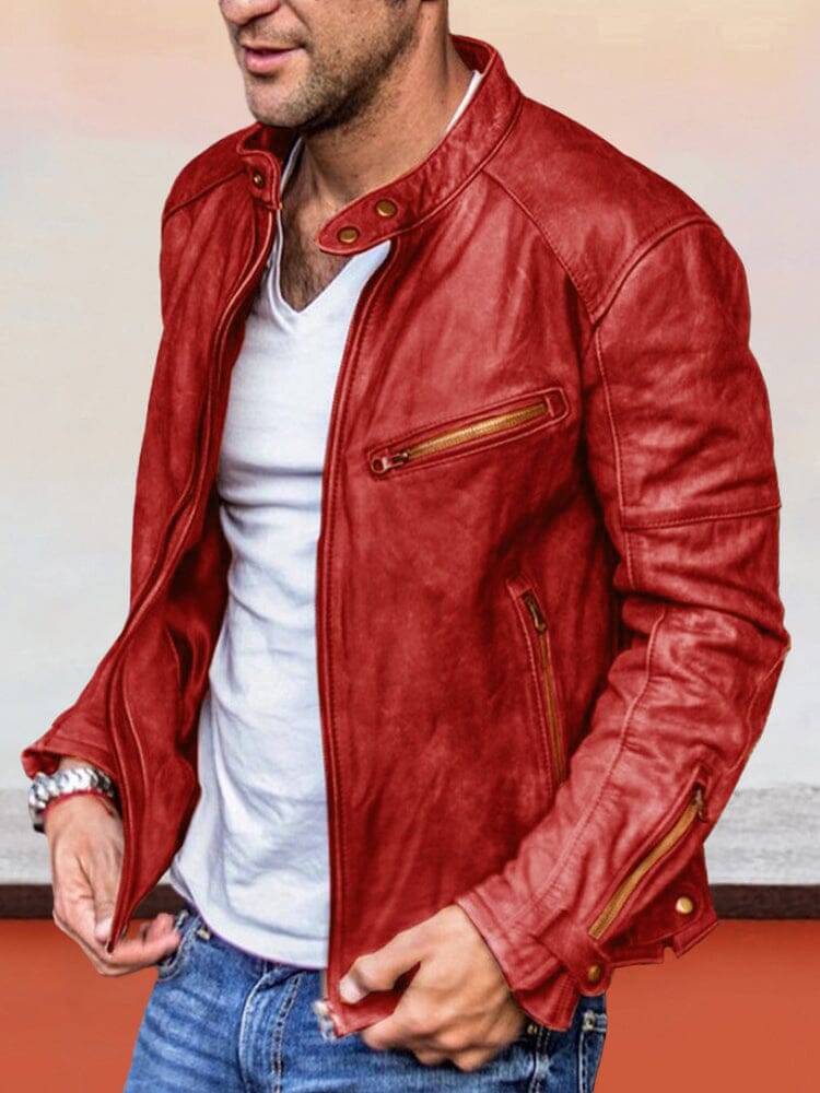 Solid Color Zipper PU Leather Jacket - Image 4