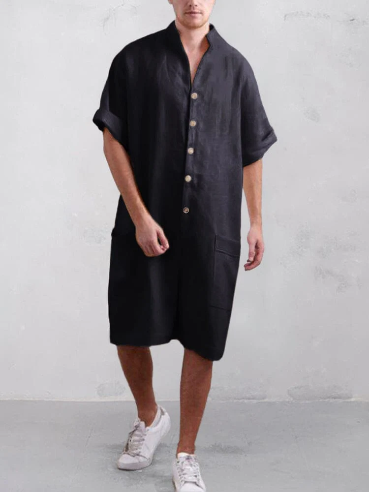 Stand Collar Cotton Linen Jumpsuit - Image 2
