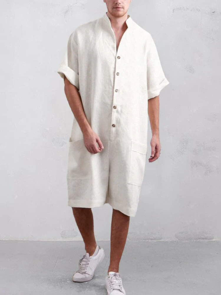 Stand Collar Cotton Linen Jumpsuit - Image 3