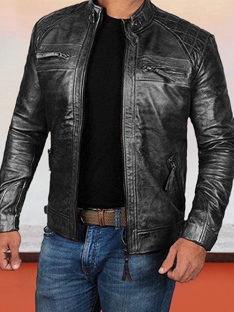 Stand Collar Punk Motorcycle Leather Jacket - Image 2