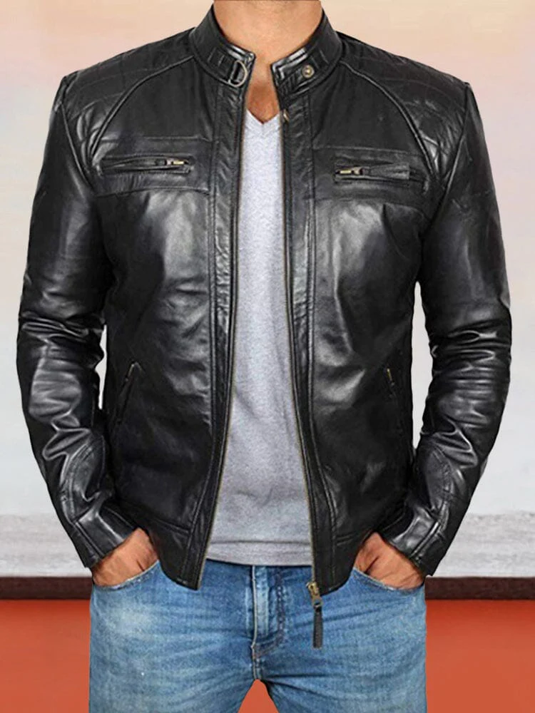 Stand Collar Punk Motorcycle Leather Jacket - Image 3