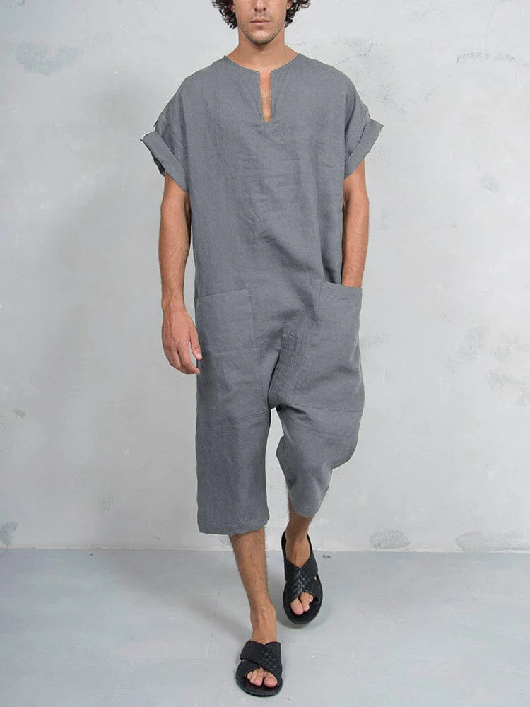 Short Sleeve Cotton Linen Jumpsuit