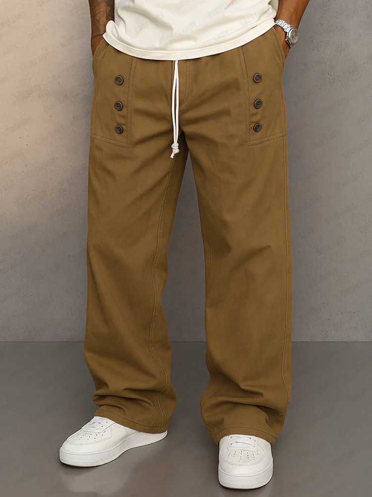 Cotton Button Accents Straight Leg Pants - Image 2