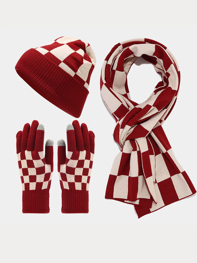 Cozy Checked Beanie Hat Scarf Gloves 3-in-1 Set - Image 4