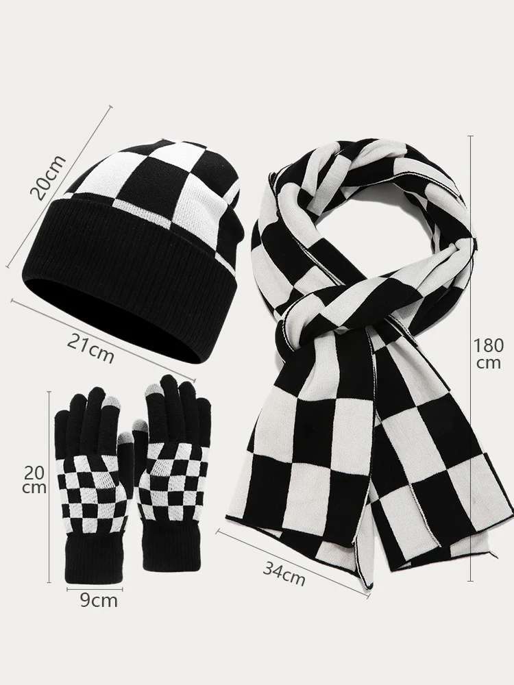 Cozy Checked Beanie Hat Scarf Gloves 3-in-1 Set - Image 5