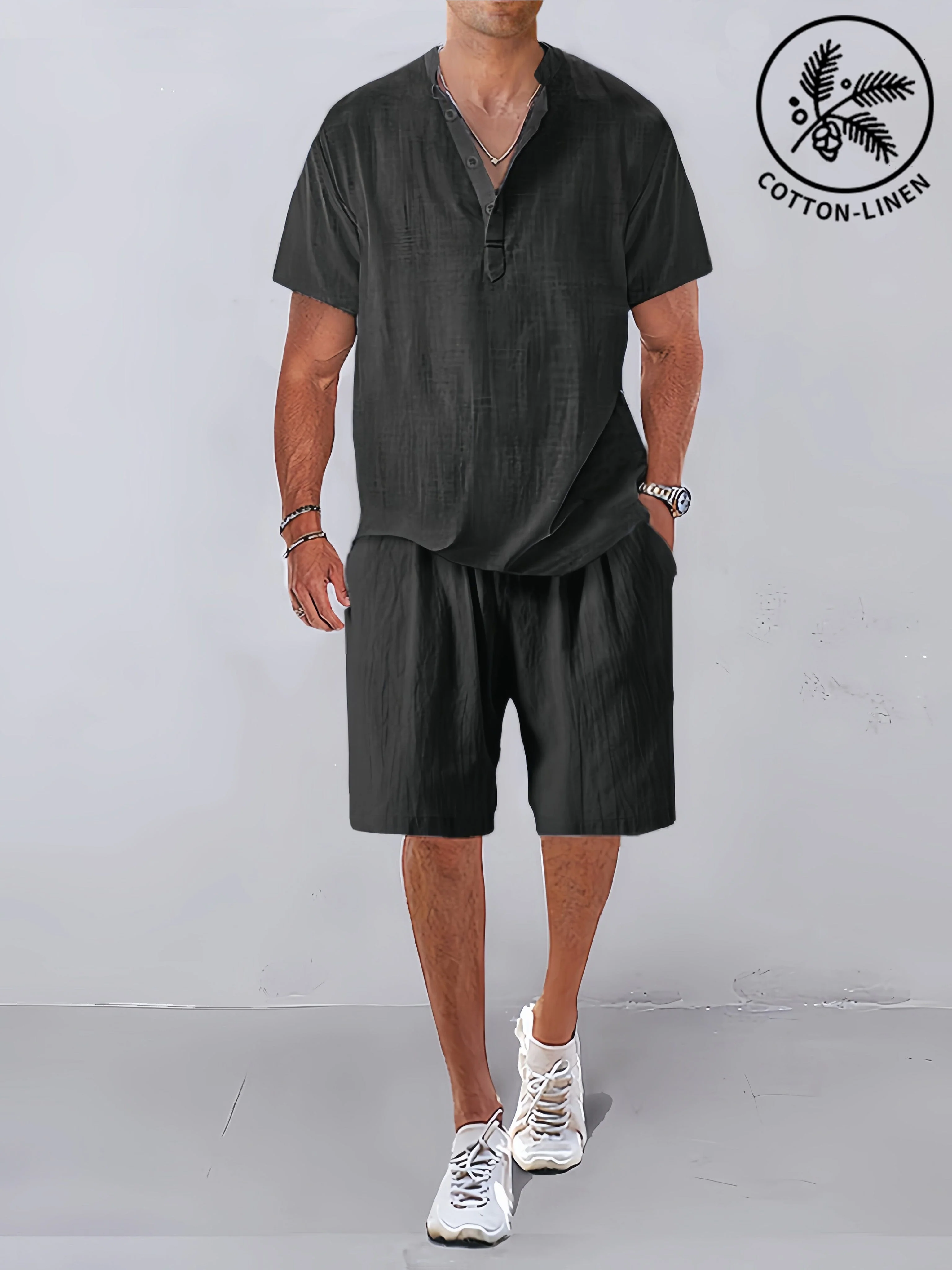 Cozy Half Button Cotton Linen Shirt Sets - Image 4
