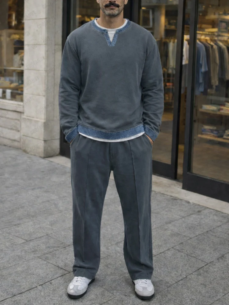 Denim Contrast Trim Relaxed Sweatsuit Set