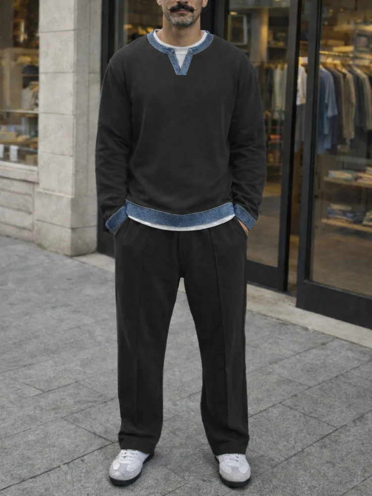 Denim Contrast Trim Relaxed Sweatsuit Set - Image 2
