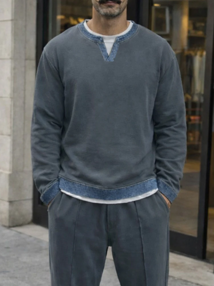 Denim Contrast Trim Relaxed Sweatsuit Set - Image 3
