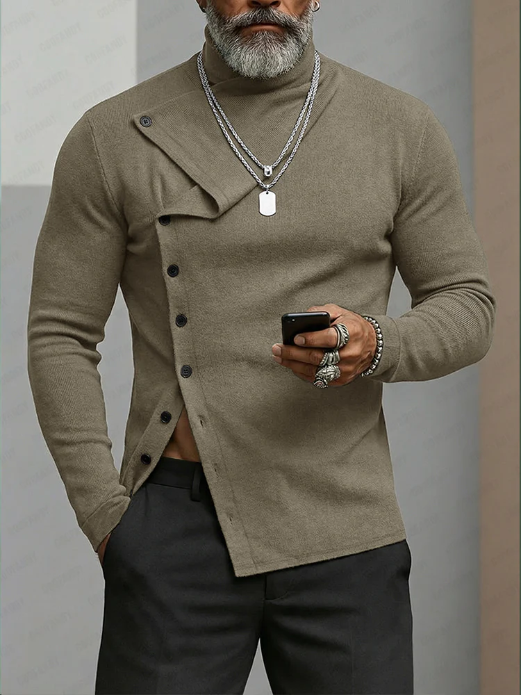 Elastic Slant Placket Turtleneck Knit Top - Image 2