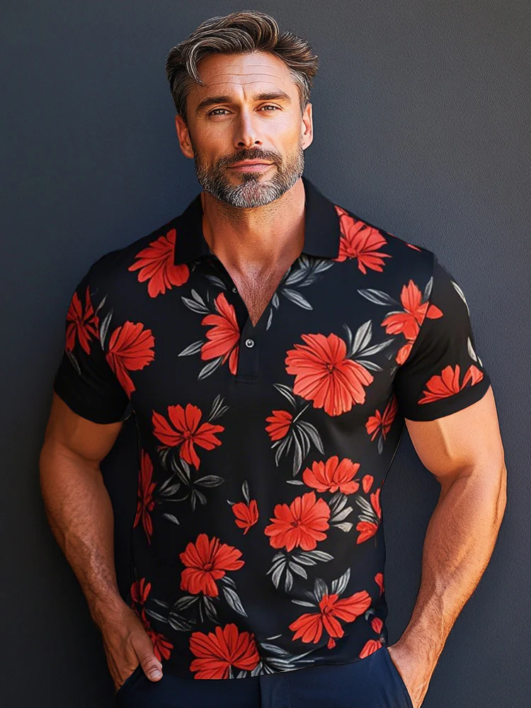 Elegant Floral Pattern Polo Shirt - Image 2