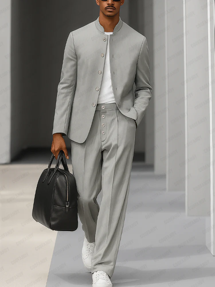 Elegant Stand Collar Thin Blazer Pants Set