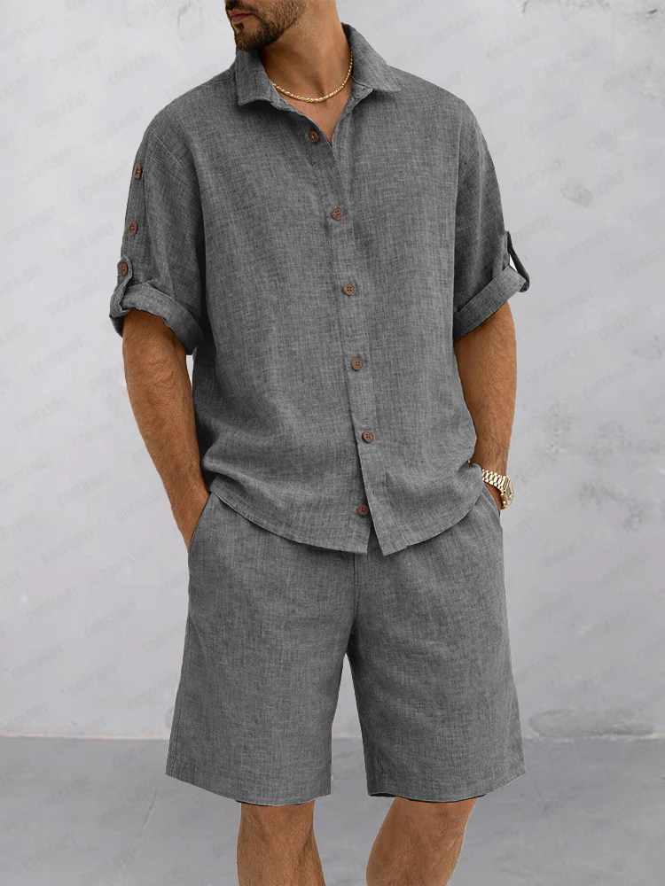 Essential Textured Shirt Shorts Set with Rollable Sleeves - Image 2