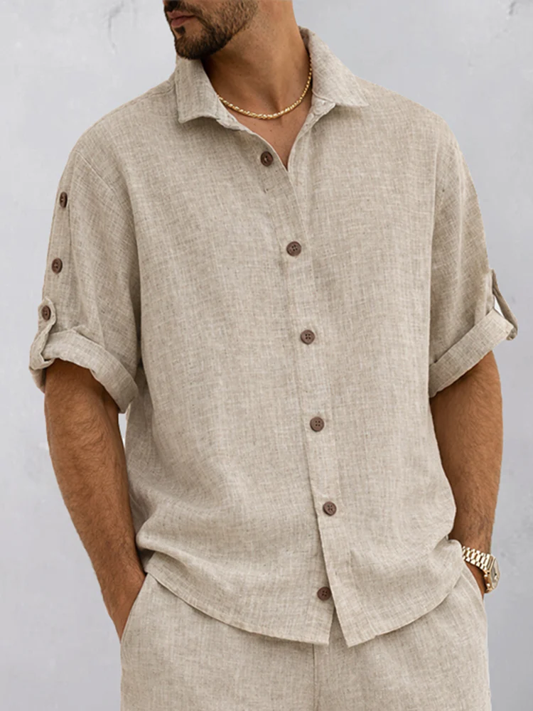 Essential Textured Shirt Shorts Set with Rollable Sleeves - Image 3